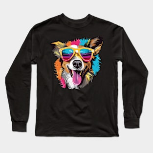 Colorful Happy Dog Wearing Sunglasses Graphic Design Long Sleeve T-Shirt